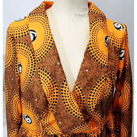 Retro Brown Orange V Neck Dress Long Sleeves Women L Dot Pattern 70s Mod Inspire - Picture 2 of 11